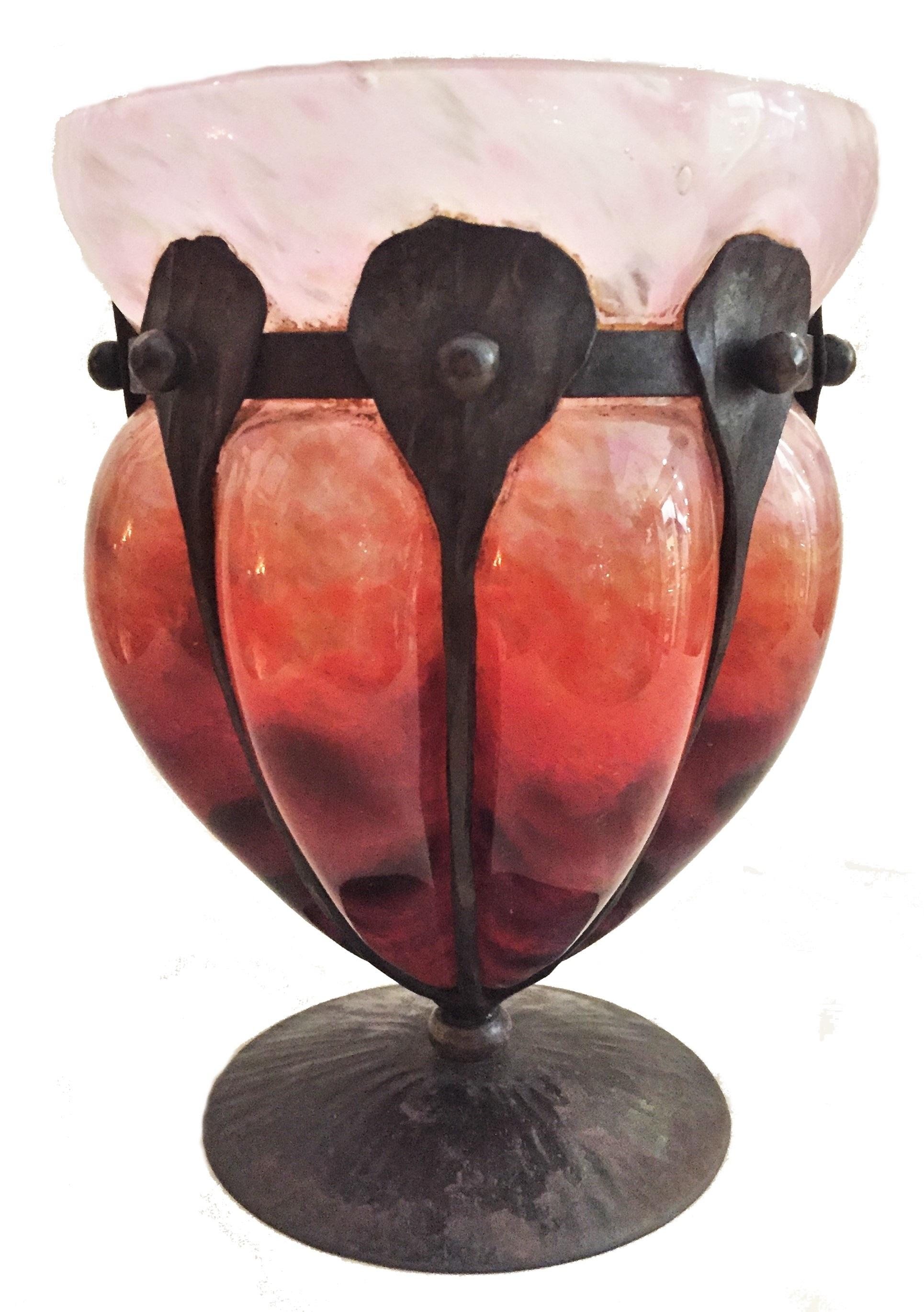 Early 20th Century Charles Schneider, French Art Deco Bubbled Glass & Forged Iron Vase, circa 1918