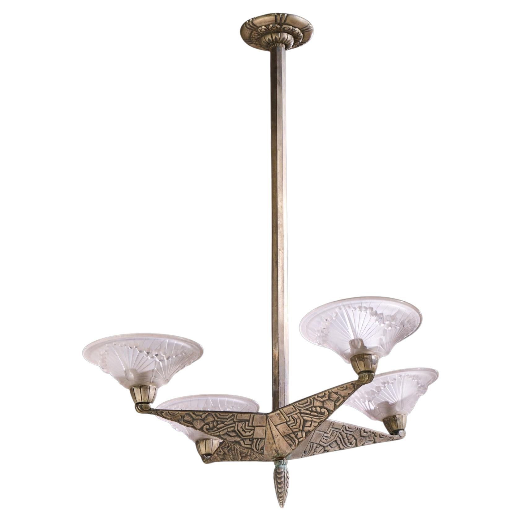 Charles Schneider French Art Deco Polished Nickel Chandelier For Sale