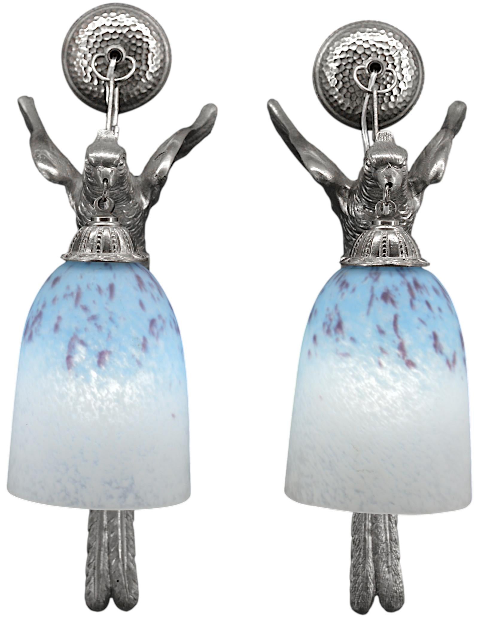 French Art Deco wall sconce by Charles Schneider, Epinay-sur-Seine (Paris), 1928-1929. An additional pair can be acquired on 1stdibs (see our 1stdibs sales). So, a set of three is possible. Mottled glass shade, powders are applied between two