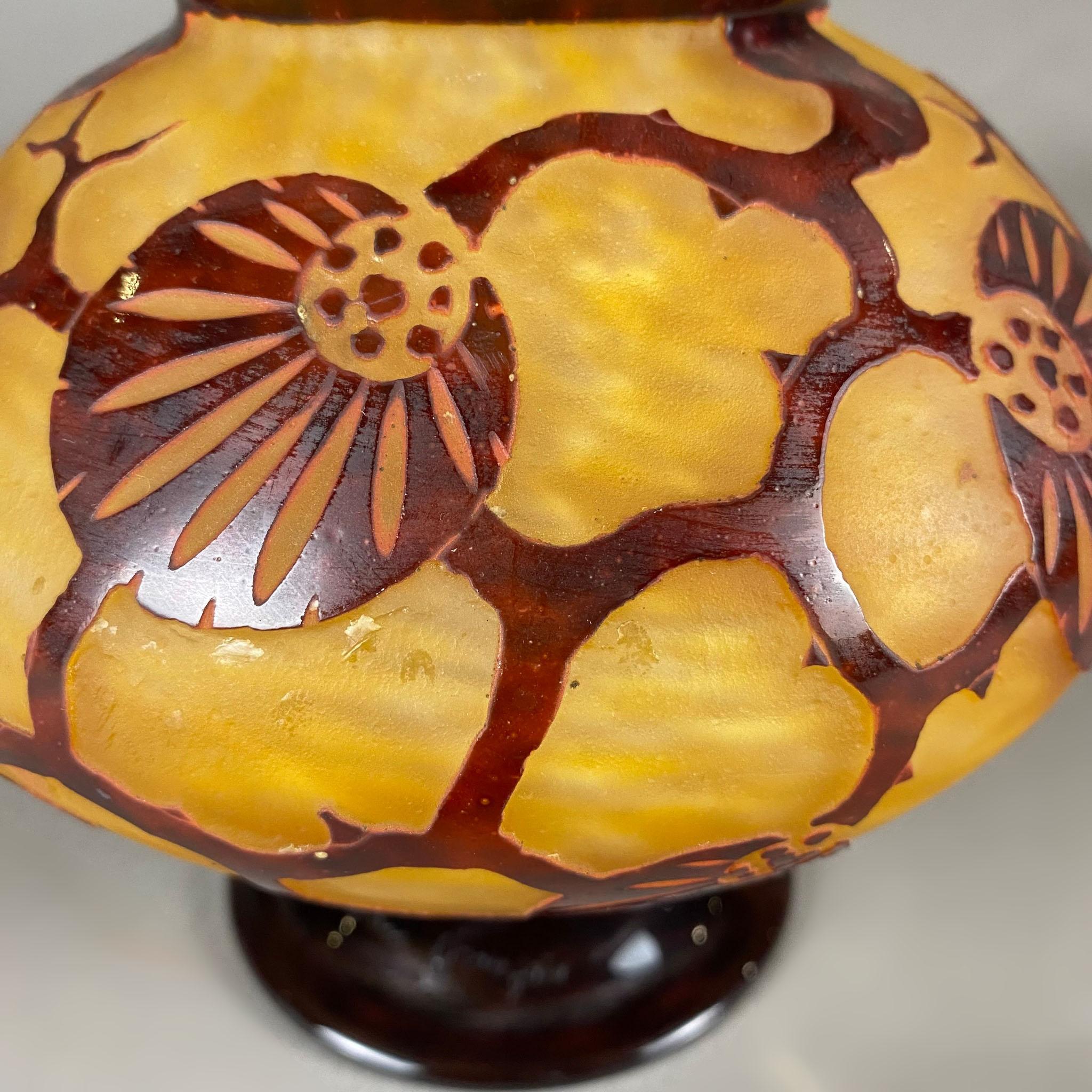 French Charles Schneider La Verre de France Art Nouveau Epinettes Cameo Glass Vase For Sale
