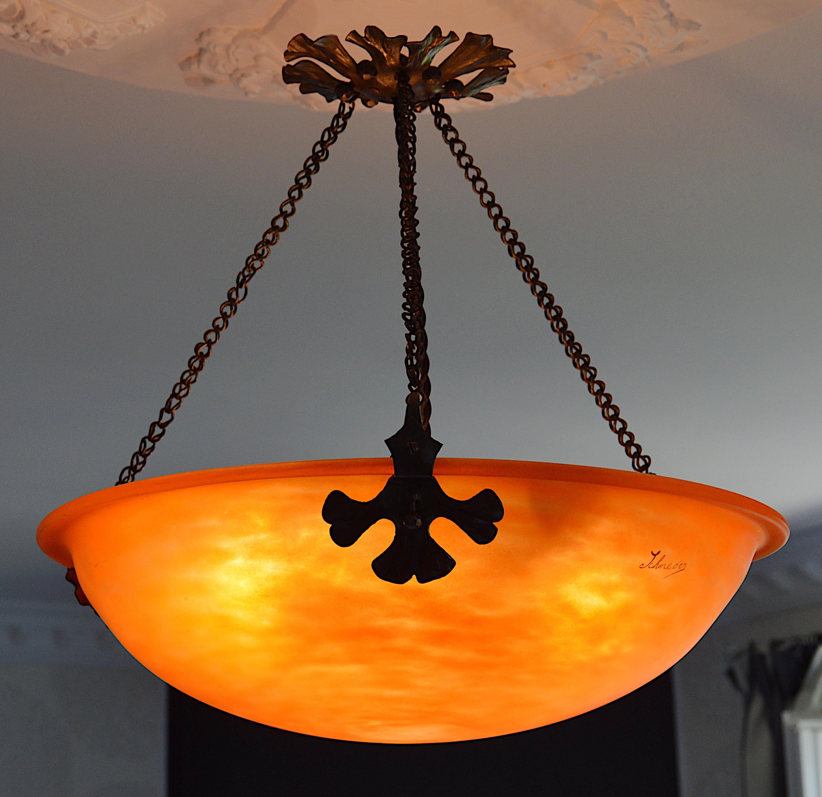 Early 20th Century Charles Schneider, Large French Art Deco Pendant Chandelier, Early 1920s