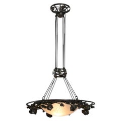 Charles Schneider, Round Iron Chandelier with Roses, France, circa 1920