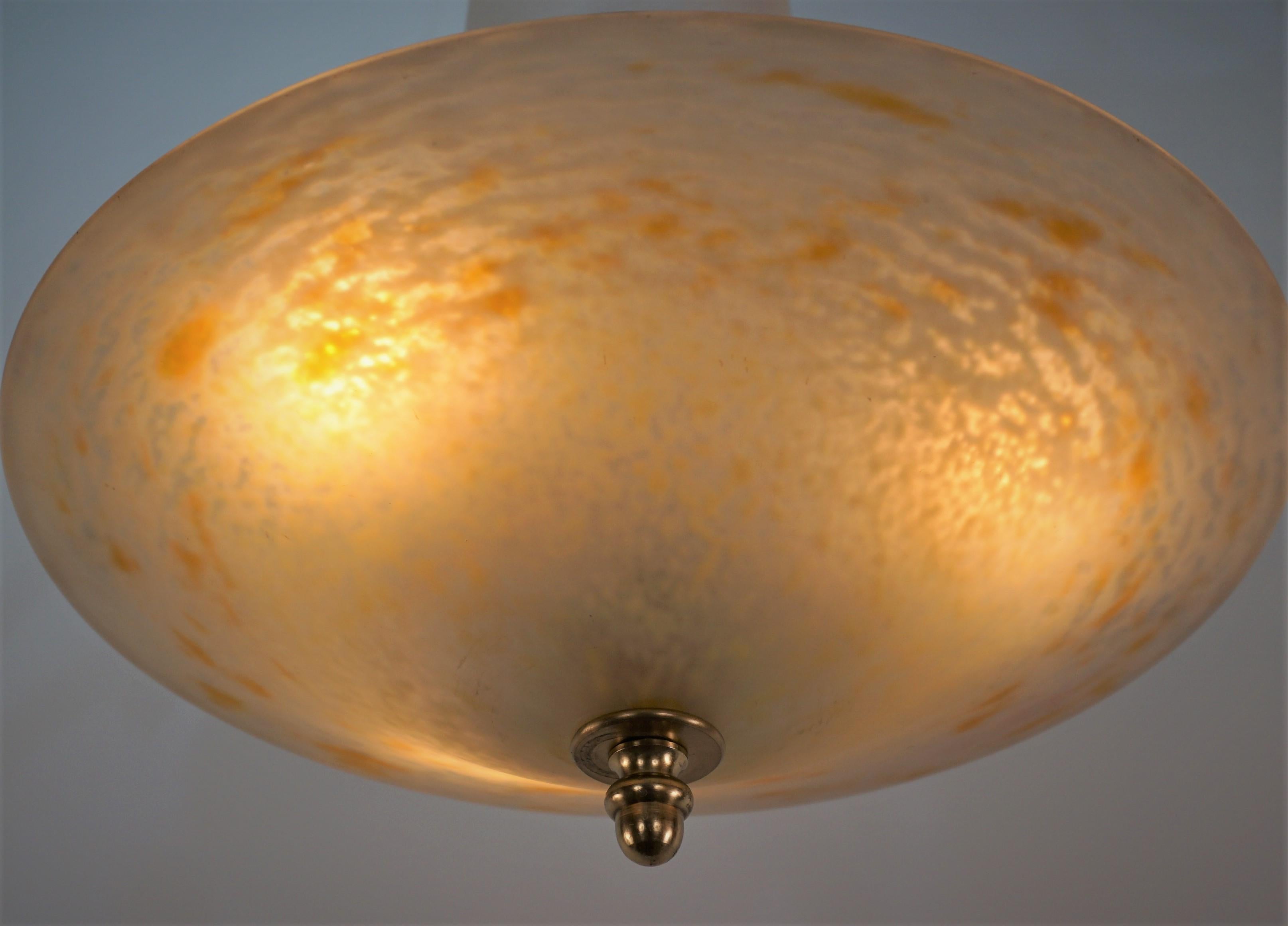 Hand blown glass by Charles Schneider, bronze three light frame/hardware semi flush mount chandelier.
Professionally rewired and ready for installation.