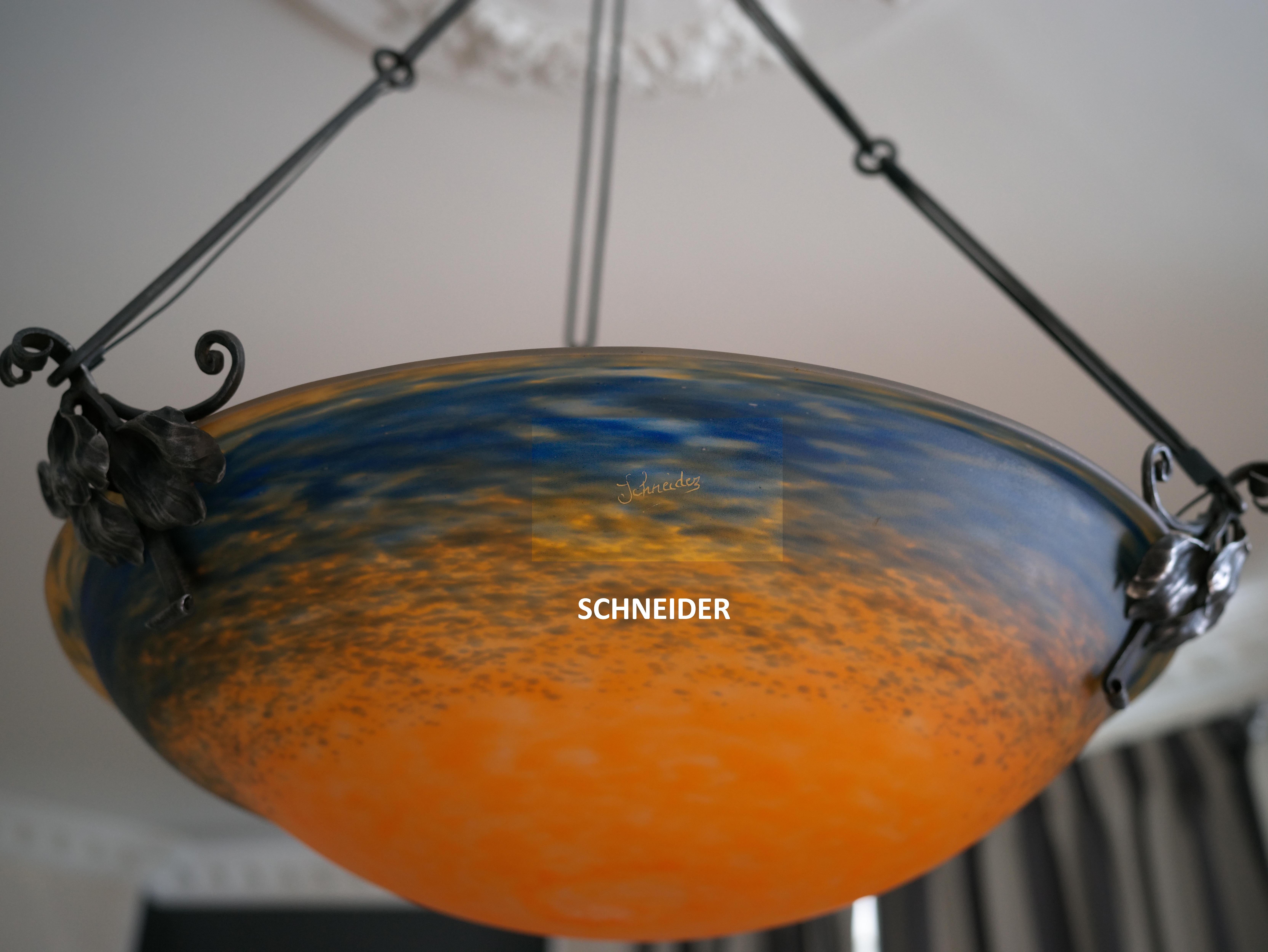 Charles Schneider, Wide French Art Deco Pendant Chandelier, 1910s For Sale 9