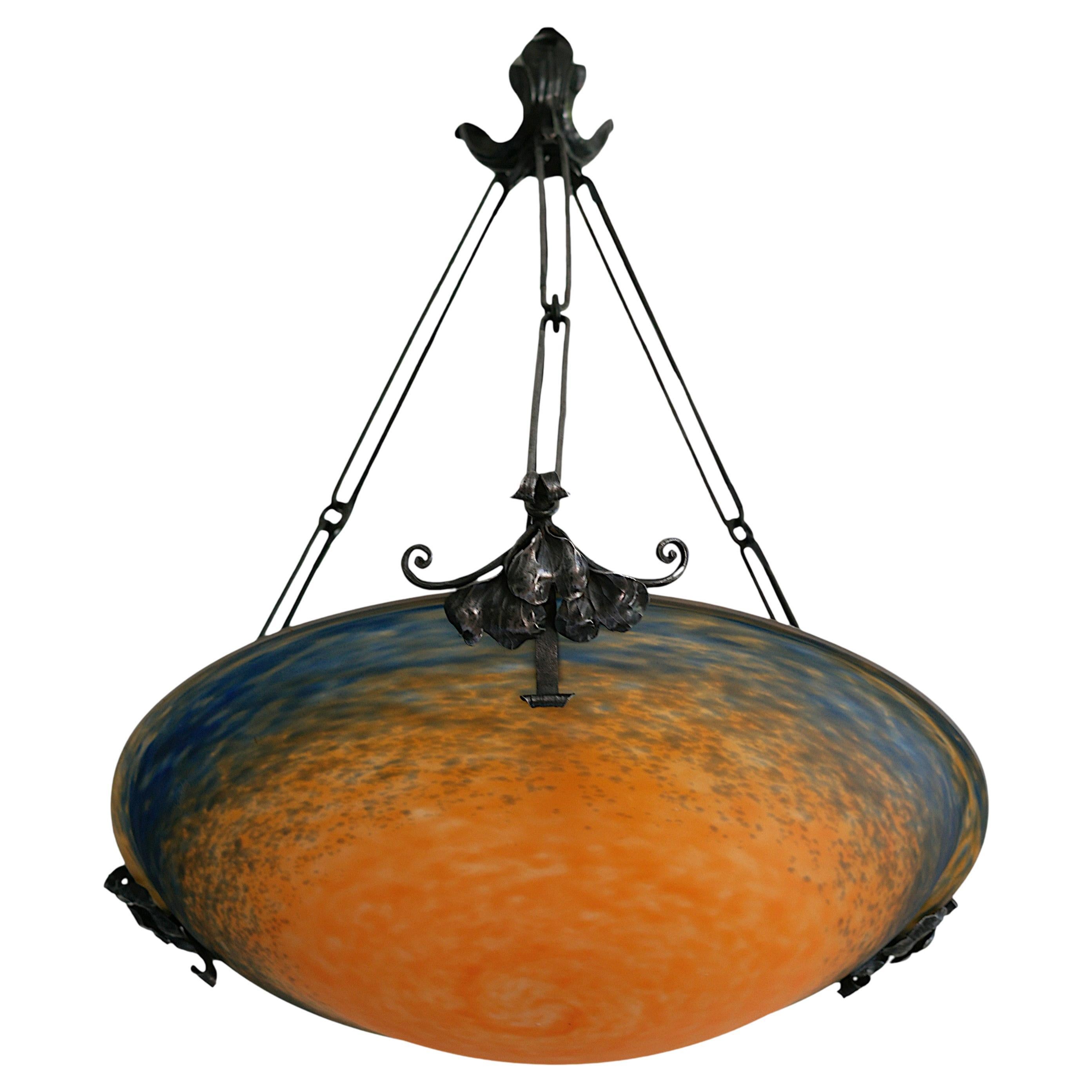 Charles Schneider, Wide French Art Deco Pendant Chandelier, 1910s