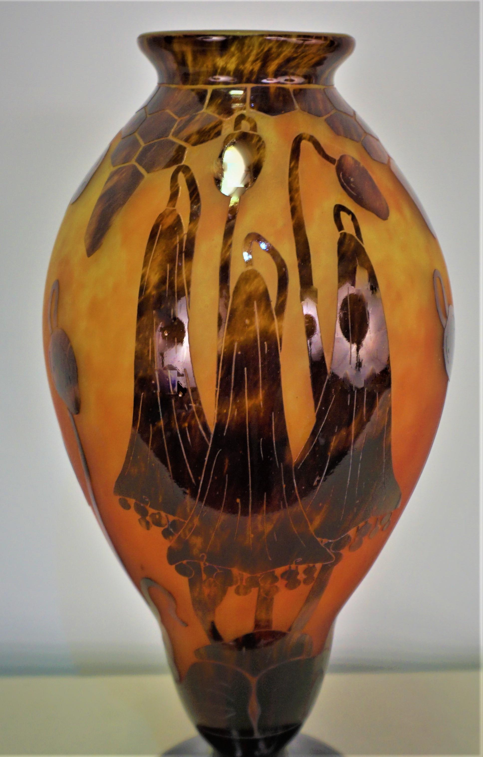 French 1920's acid cut glass hand blown art glass vase.