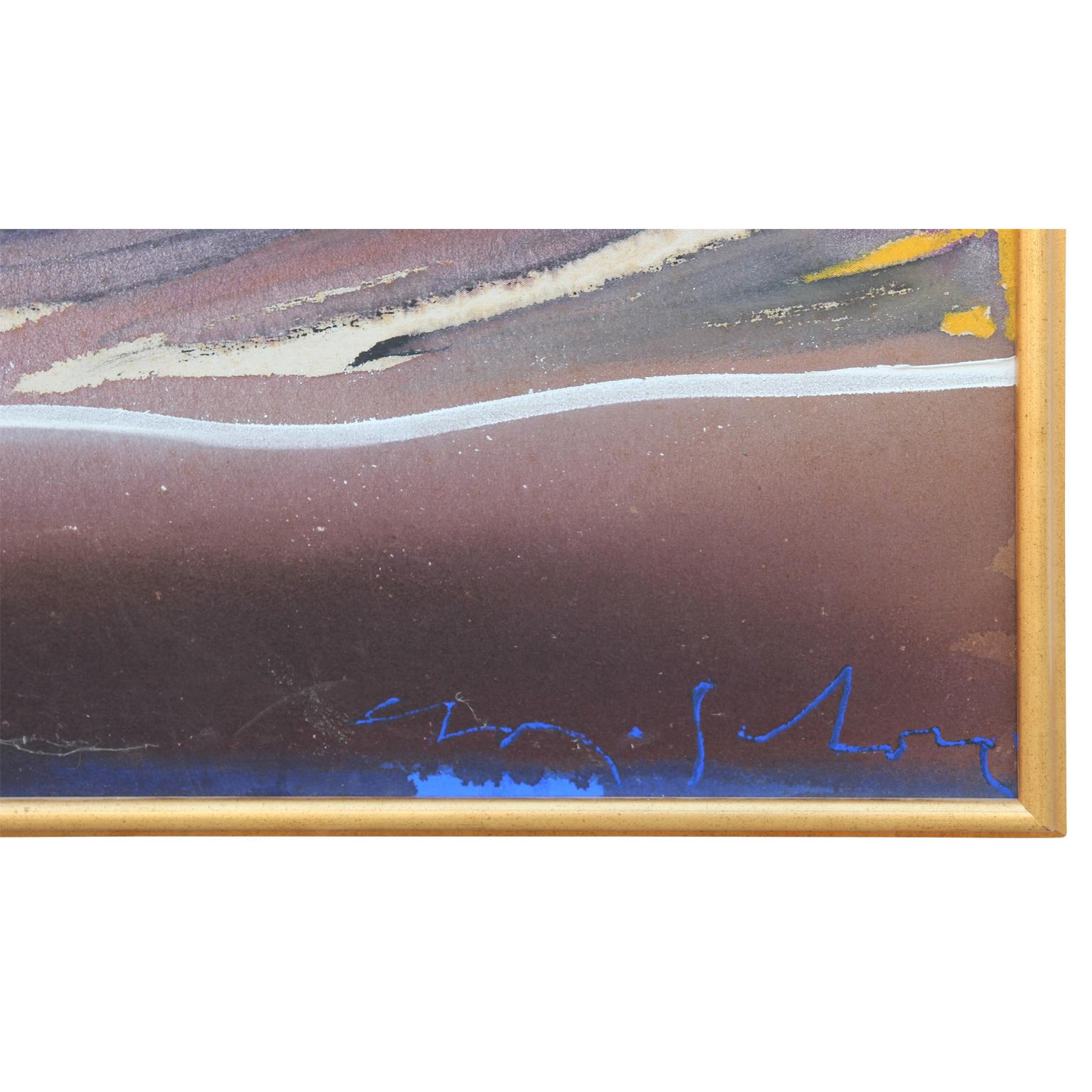 Jewel-tone abstract color field painting that appears to be a landscape. The work is signed by the artist in the bottom right corner and displayed in a beautiful golden frame. 

Dimensions Without Frame: H 36 in. x W 48 in. 

Artist Biography: