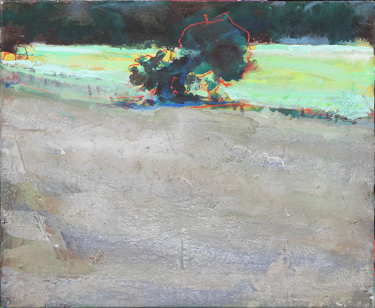 Charles Schorre Abstract Painting - "Field Near Ingram" Green, Blue, Red, and Gray Abstract Landscape Painting