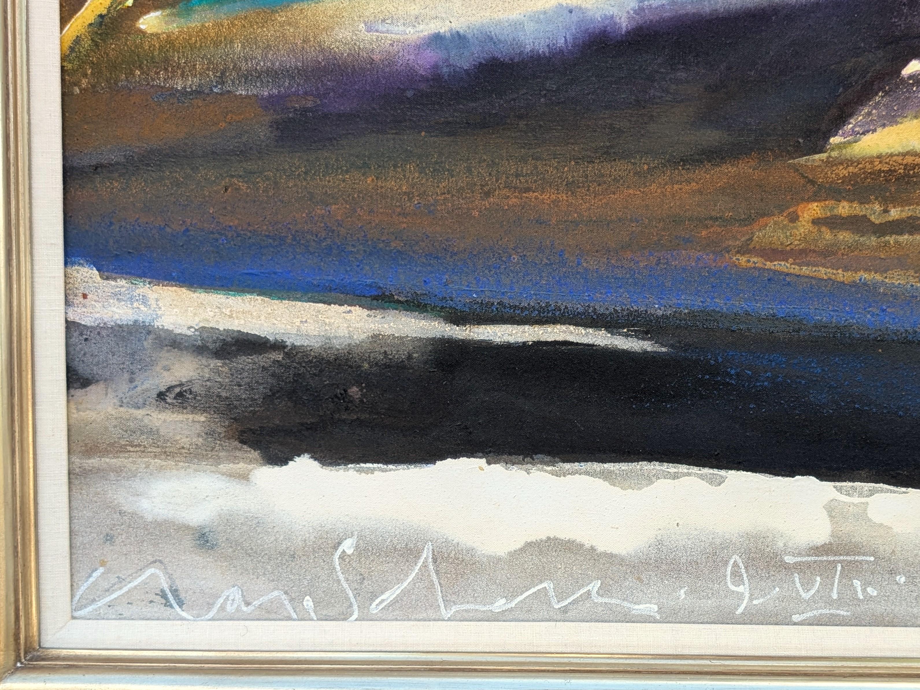 Moderne blaue und orange abstrakte Berglandschaft inspirierte Malerei im Angebot 5