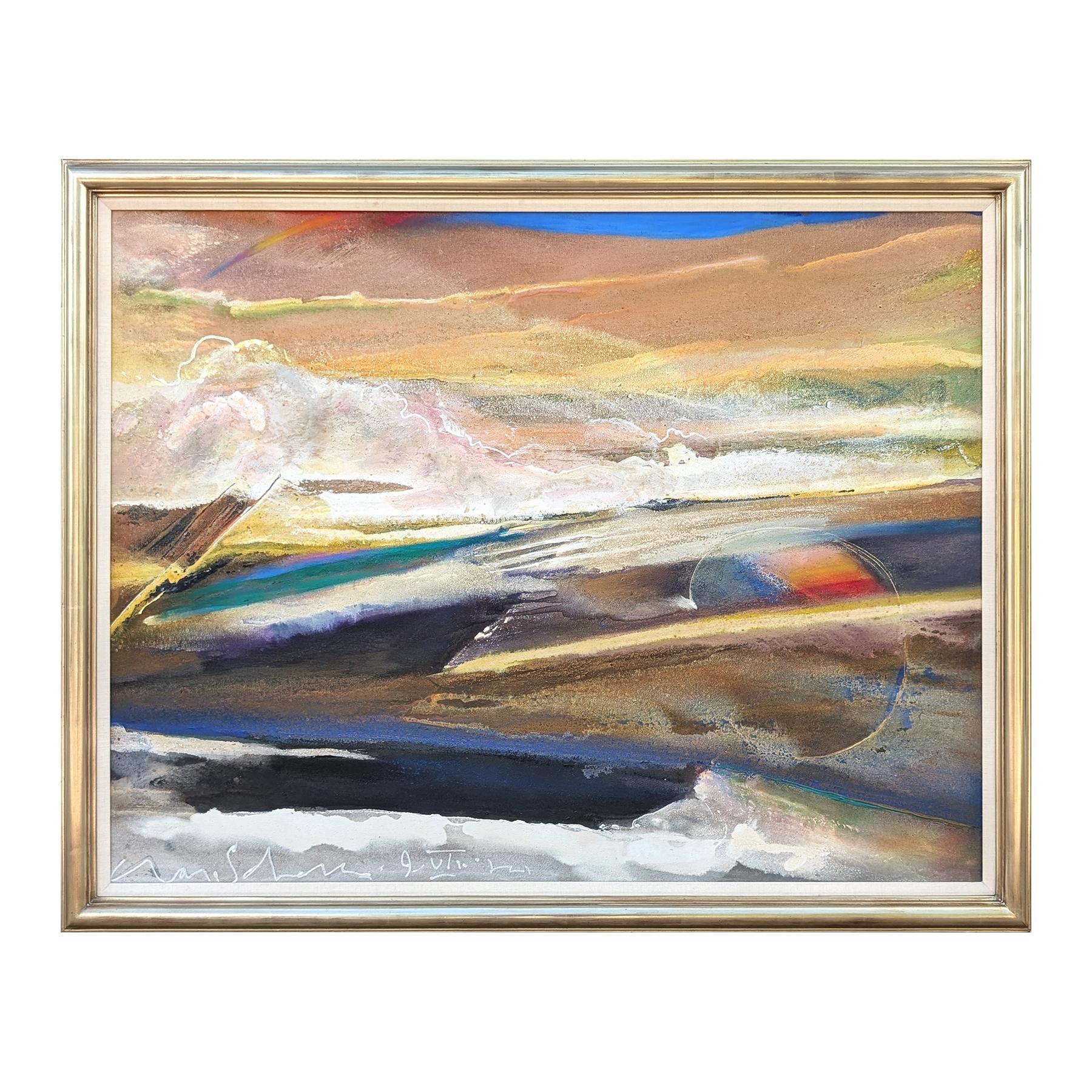 Moderne blaue und orange abstrakte Berglandschaft inspirierte Malerei – Painting von Charles Schorre