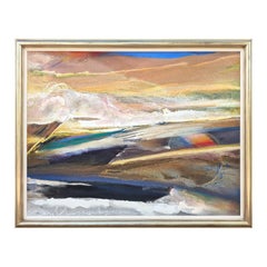 Pintura abstracta moderna azul y naranja inspirada en un paisaje de montaña