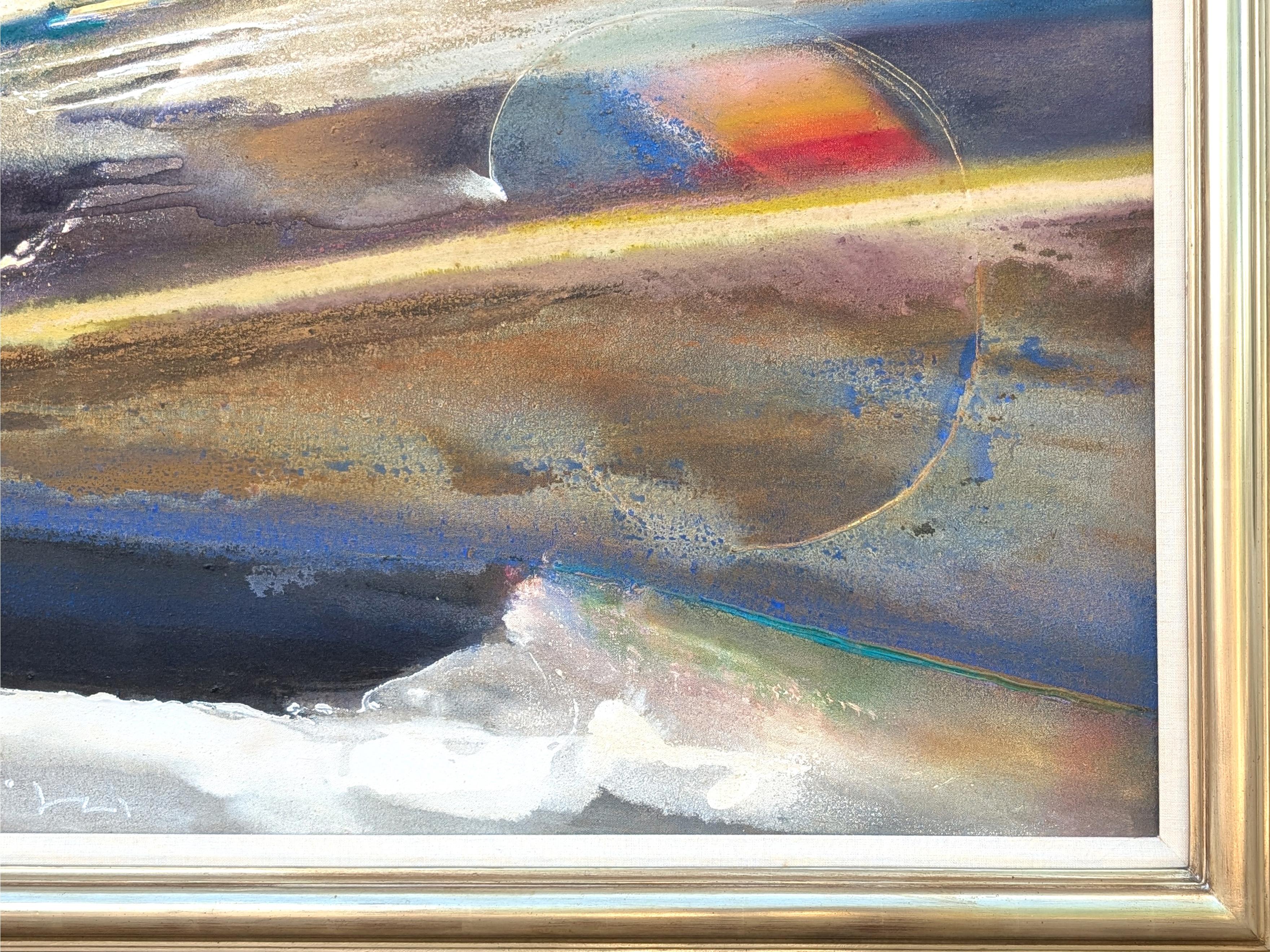Modernes blaues und orangefarbenes abstraktes Landschaftsgemälde des texanischen Künstlers Charles Schorre. Das Werk zeigt weiße, berg- oder wolkenähnliche Formen, die sich über abstrakte blaue und orangefarbene Farbfelder bewegen. Signiert und