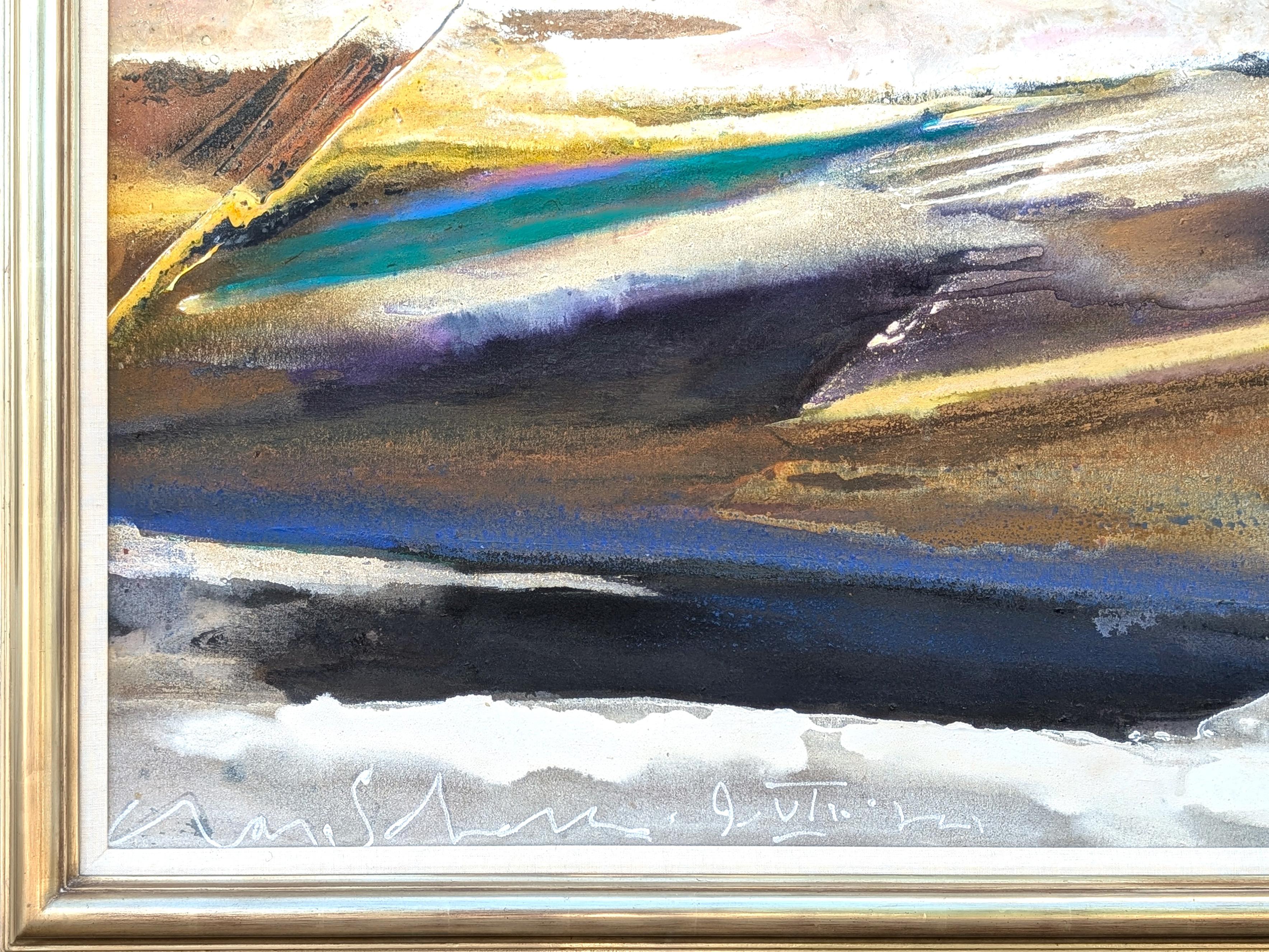 Moderne blaue und orange abstrakte Berglandschaft inspirierte Malerei im Angebot 1