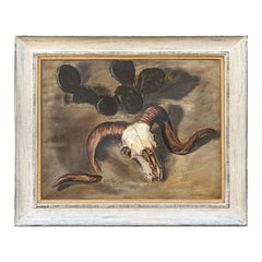 Modern Naturalistic Ram Skull and Cactus Western Desert Landscape Painting