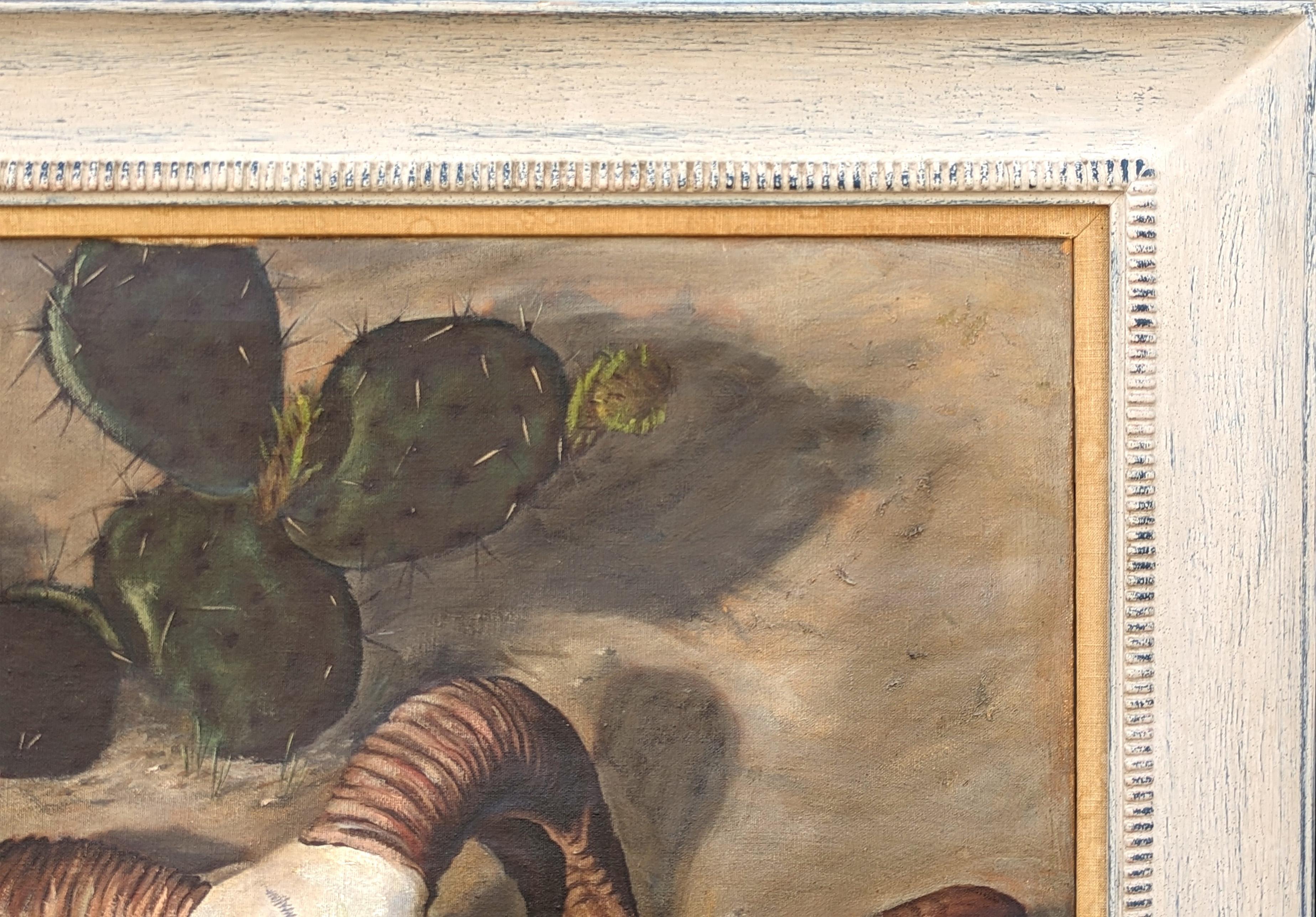 Peinture de paysage naturaliste de l'Ouest réalisée par l'artiste texan Charles Schorre. L'œuvre représente un crâne de bélier au rendu complexe, partiellement enfoui dans la terre à côté d'une touffe de cactus. Cette pièce est un exemple très