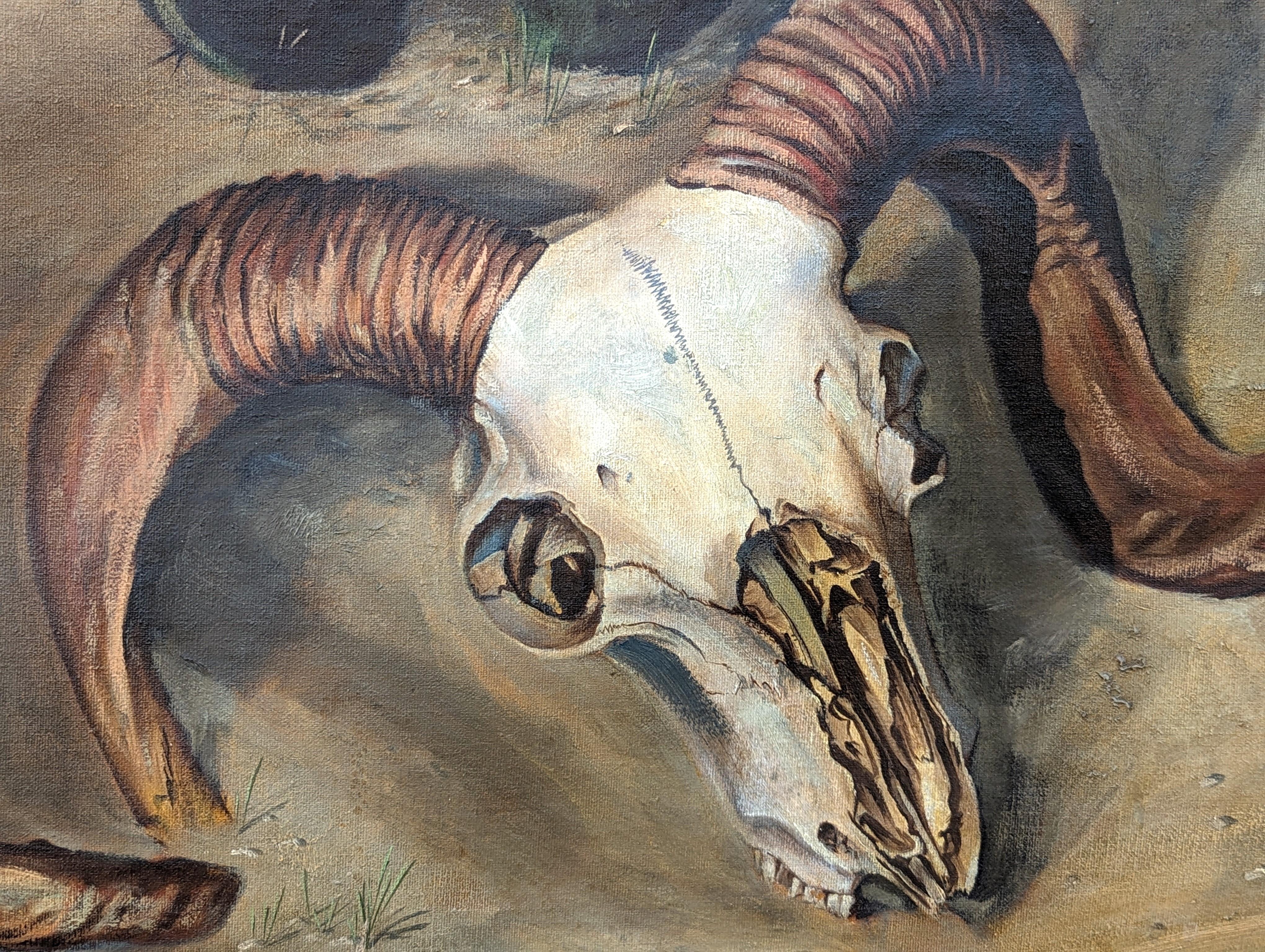Peinture moderne de paysage du désert occidental avec crâne de bélier et cactus naturaliste  en vente 4