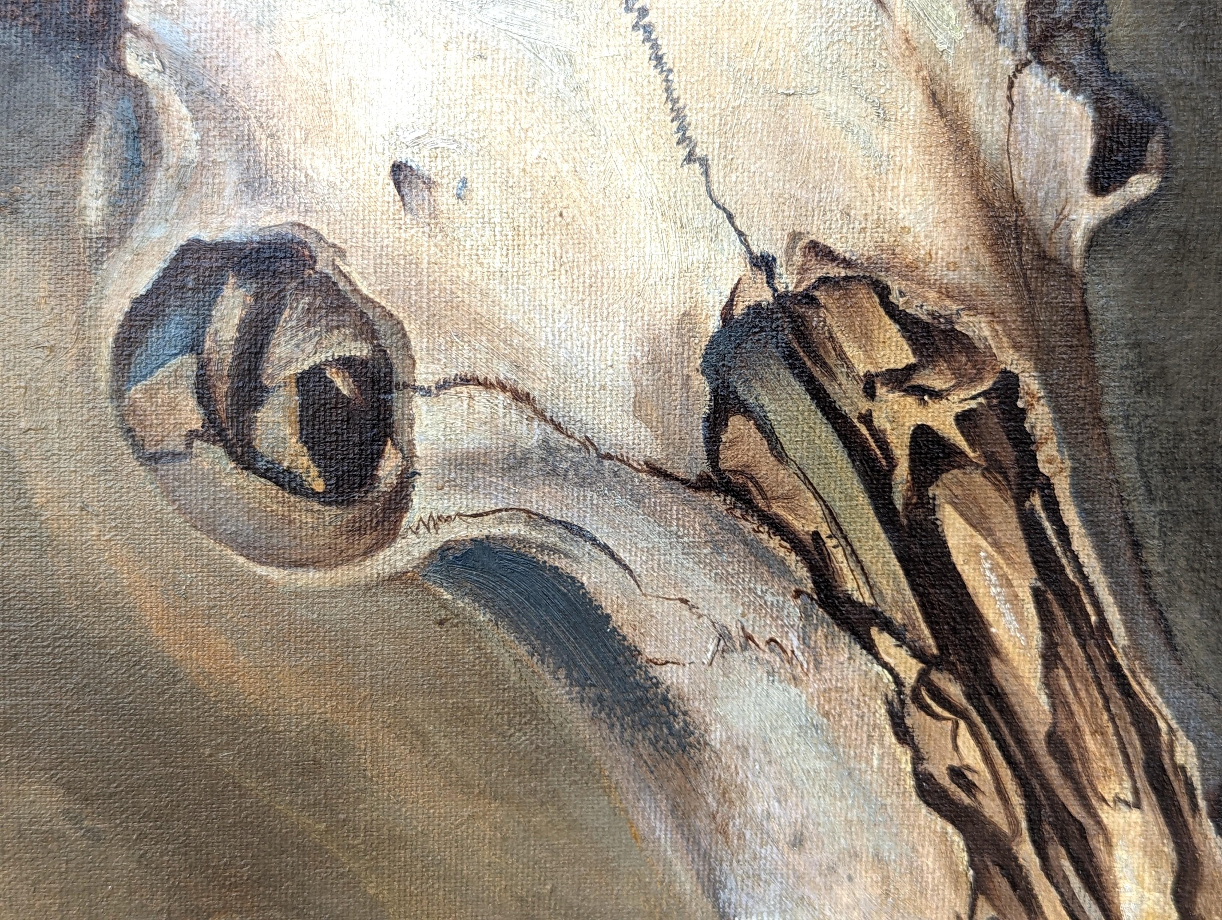 Peinture moderne de paysage du désert occidental avec crâne de bélier et cactus naturaliste  en vente 5
