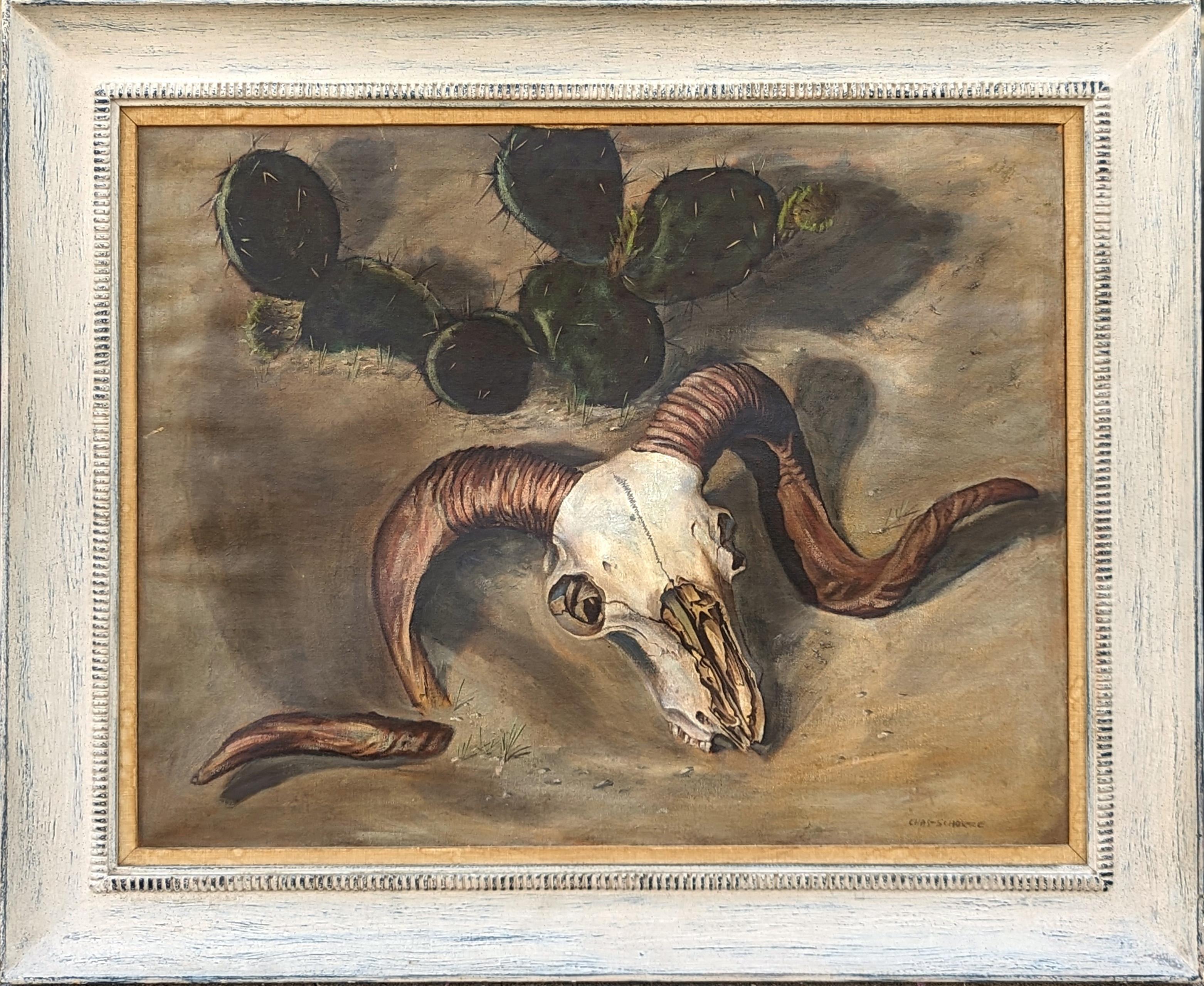 Animal Painting Charles Schorre - Peinture moderne de paysage du désert occidental avec crâne de bélier et cactus naturaliste 