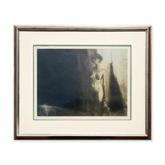 Modernes abstraktes, dunkel getöntes, figuratives Nudeporträt einer Frau, die eine Puppe hält