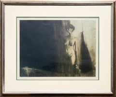 Modernes abstraktes, dunkel getöntes, figuratives Nudeporträt einer Frau, die eine Puppe hält