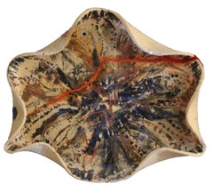 Tan Ceramic Dish with Blue and Red