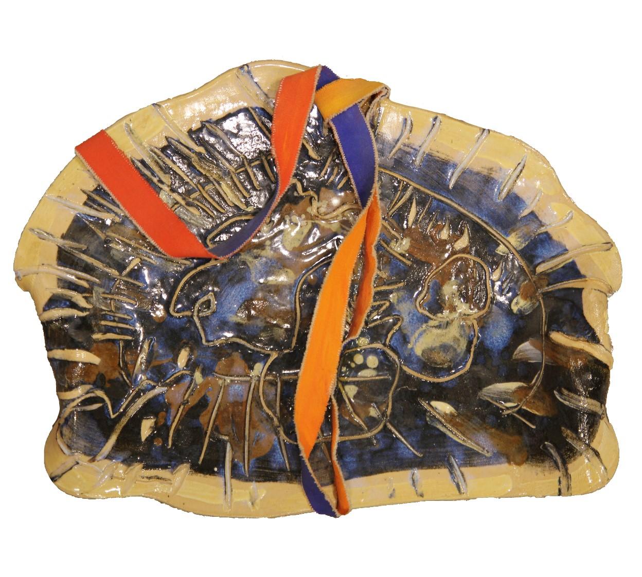 Untitled Blue Ceramic Dish with Fabric - Sculpture by Charles Schorre