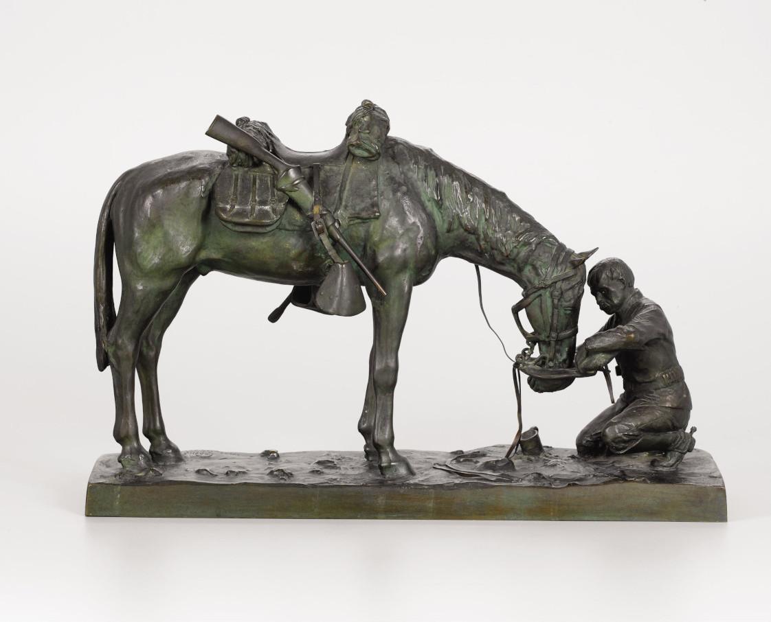 Charles Schreyvogel
(1861-1912)
Artista de Nueva York / Nueva Jersey
Tamaño de la imagen: 12" x 18,50" x 5"
Medio: Escultura de bronce
1903
"La última gota"
Charles Schreyvogel (1861-1912) Artista de Nueva York / Nueva Jersey
Charles Schreyvogel,