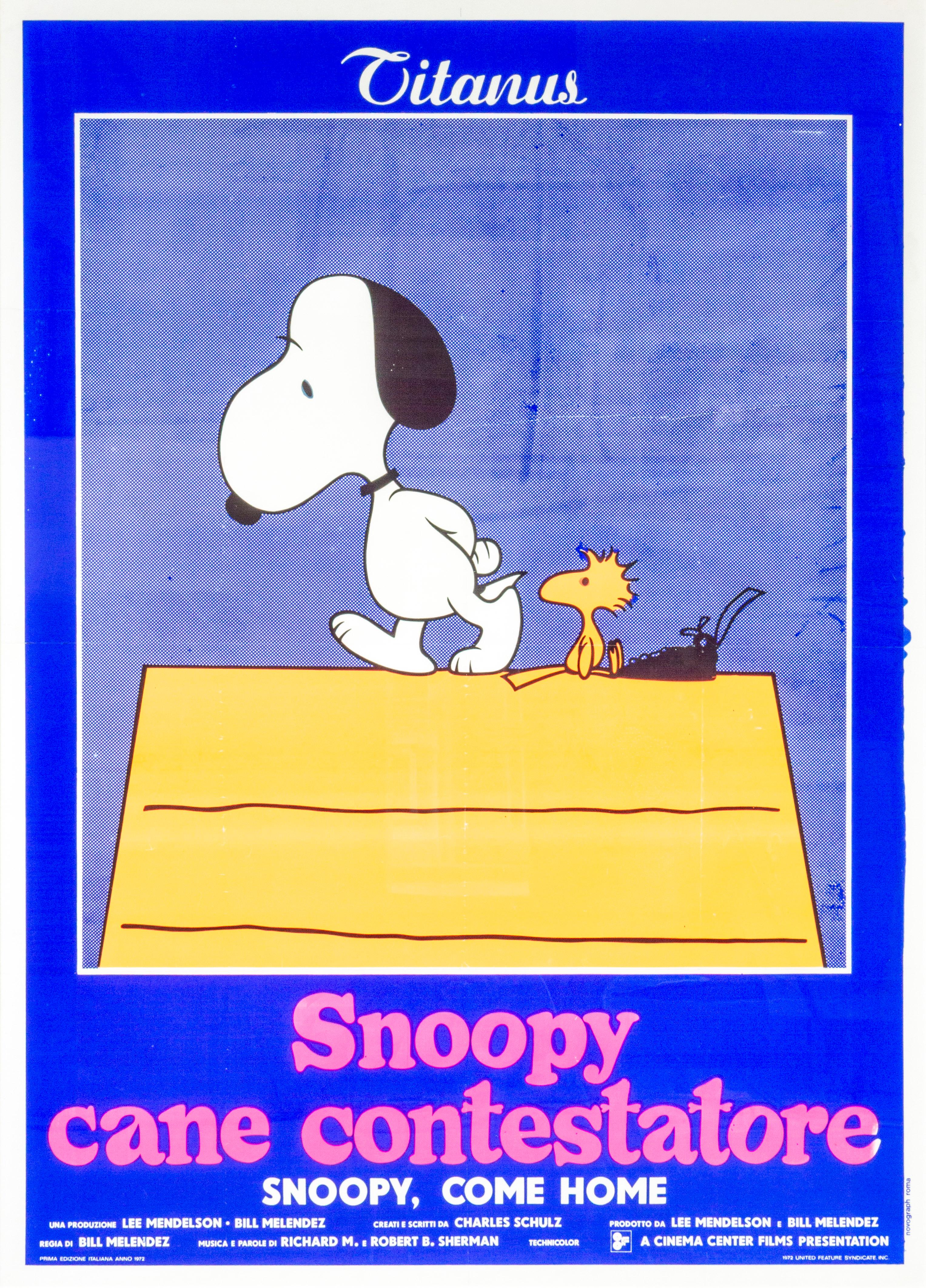 Poster litografico a colori del 20° secolo del cartone animato Snoopy stampa animale cane uccello testo
