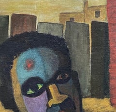 Brothers: Black artist painting of urban city figures w/ abstract African masks