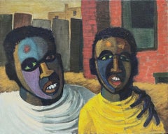Brothers: Black artist painting of urban city figures w/ abstract African masks