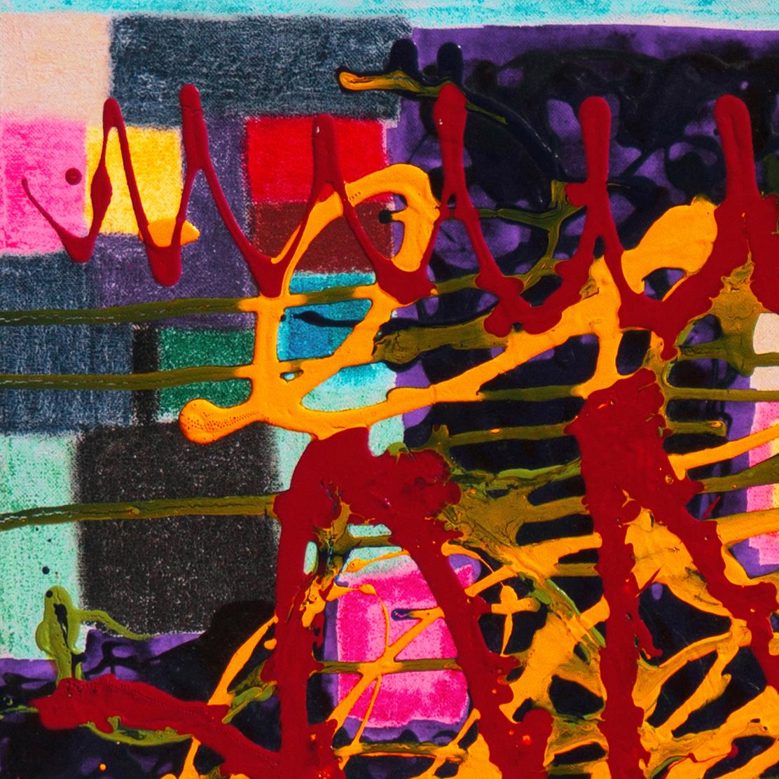 „Action Abstract in Safran und Rubin“, texanischer Künstler, großes abstraktes Gemälde (Rot), Abstract Painting, von Charles Seligman