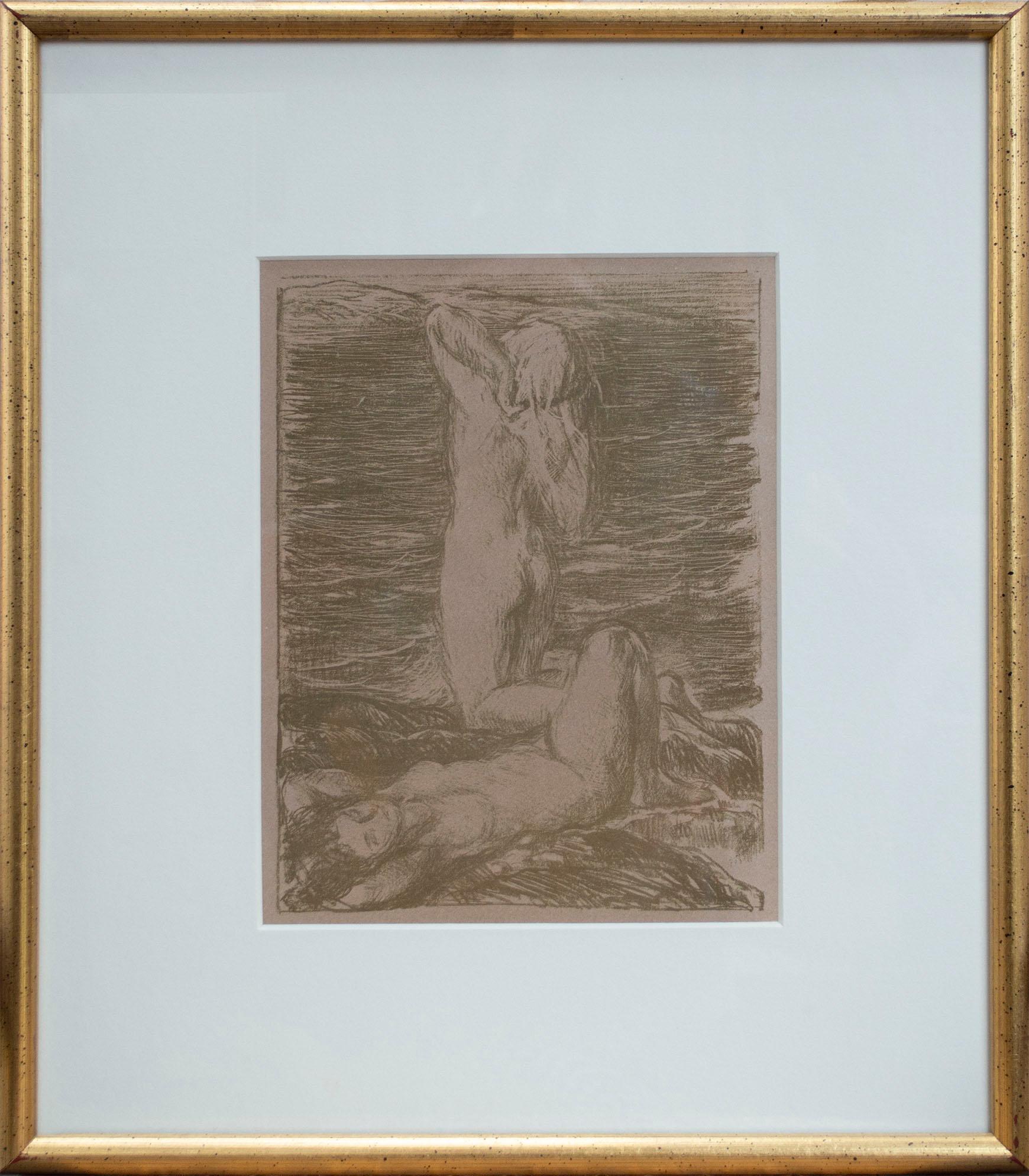 Charles Shannon Figurative Print - 'Two Nudes at the Beach' Original Lithograph in Sepia