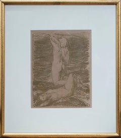 'Two Nudes at the Beach' Original Lithograph in Sepia