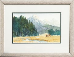 "Mountain Landscape with Cowboy" Stream Forest Horses Grass Snow Capped Peaks