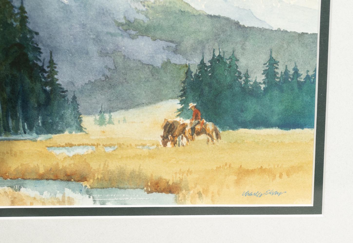 „Brunnenlandschaft mit Cowboy“ Stream Forest Horses Gras Schneegräser Spitzen (Amerikanischer Realismus), Painting, von Charles Shaw
