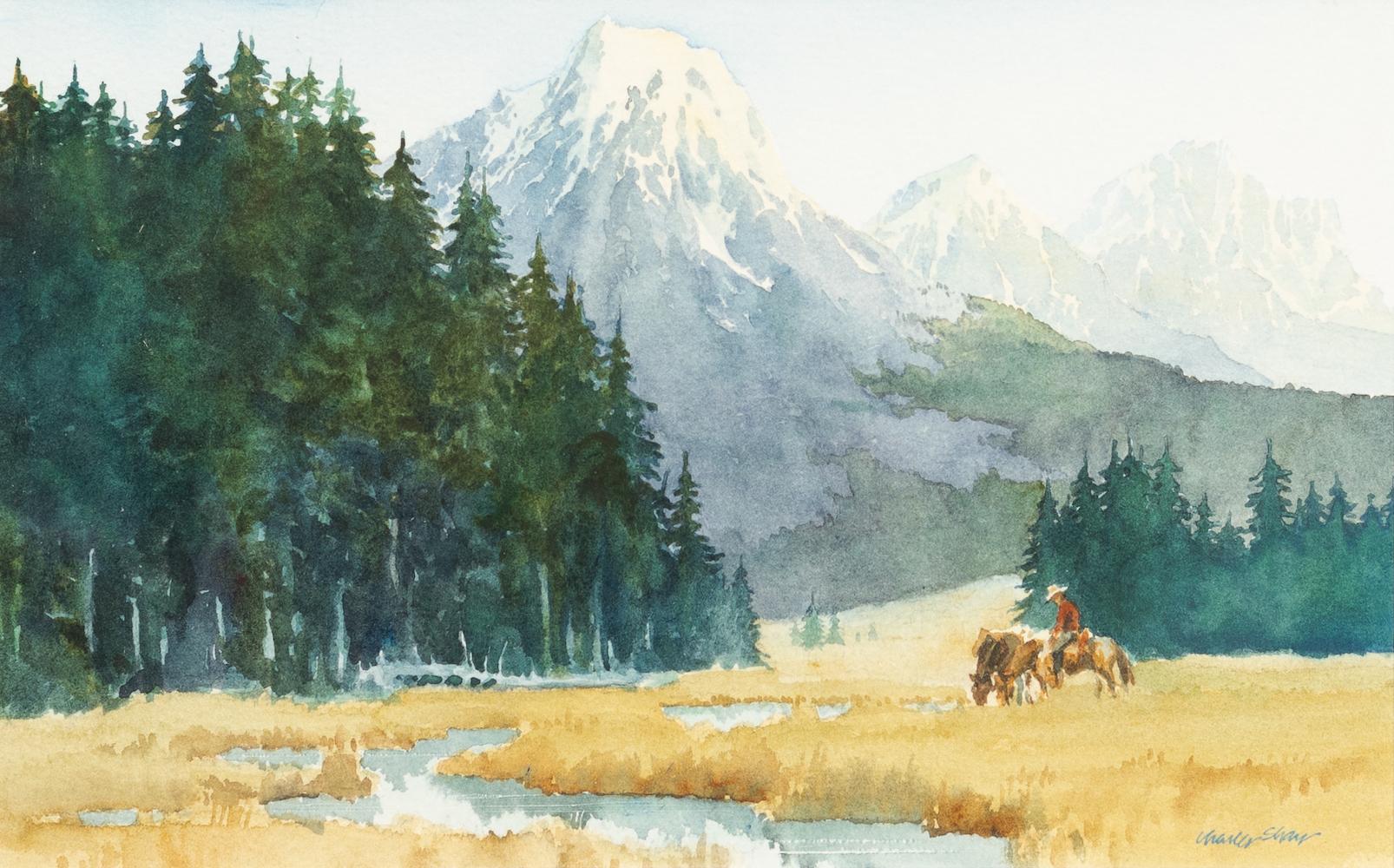 Charles Shaw Landscape Painting - "Mountain Landscape with Cowboy" Stream Forest Horses Grass Snow Capped Peaks