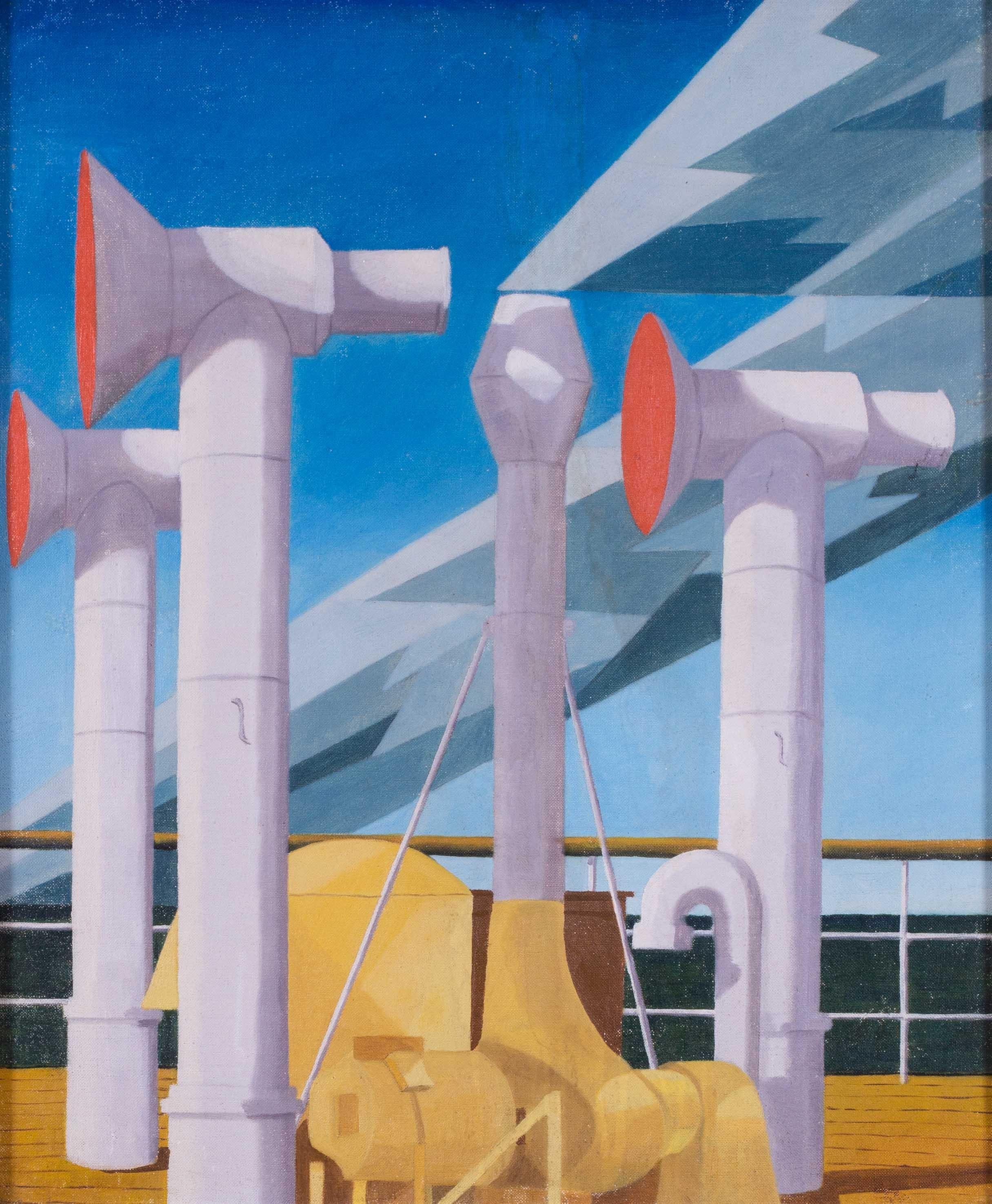 Pintura al óleo de los años 20 / 30 de las chimeneas a bordo de la cubierta superior de un transatlántico - Painting de Charles Sheeler