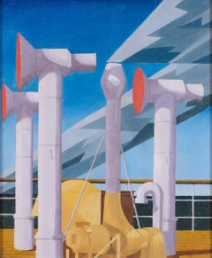 1920's / 1930's oil painting of funnels on board the top deck of an ocean liner