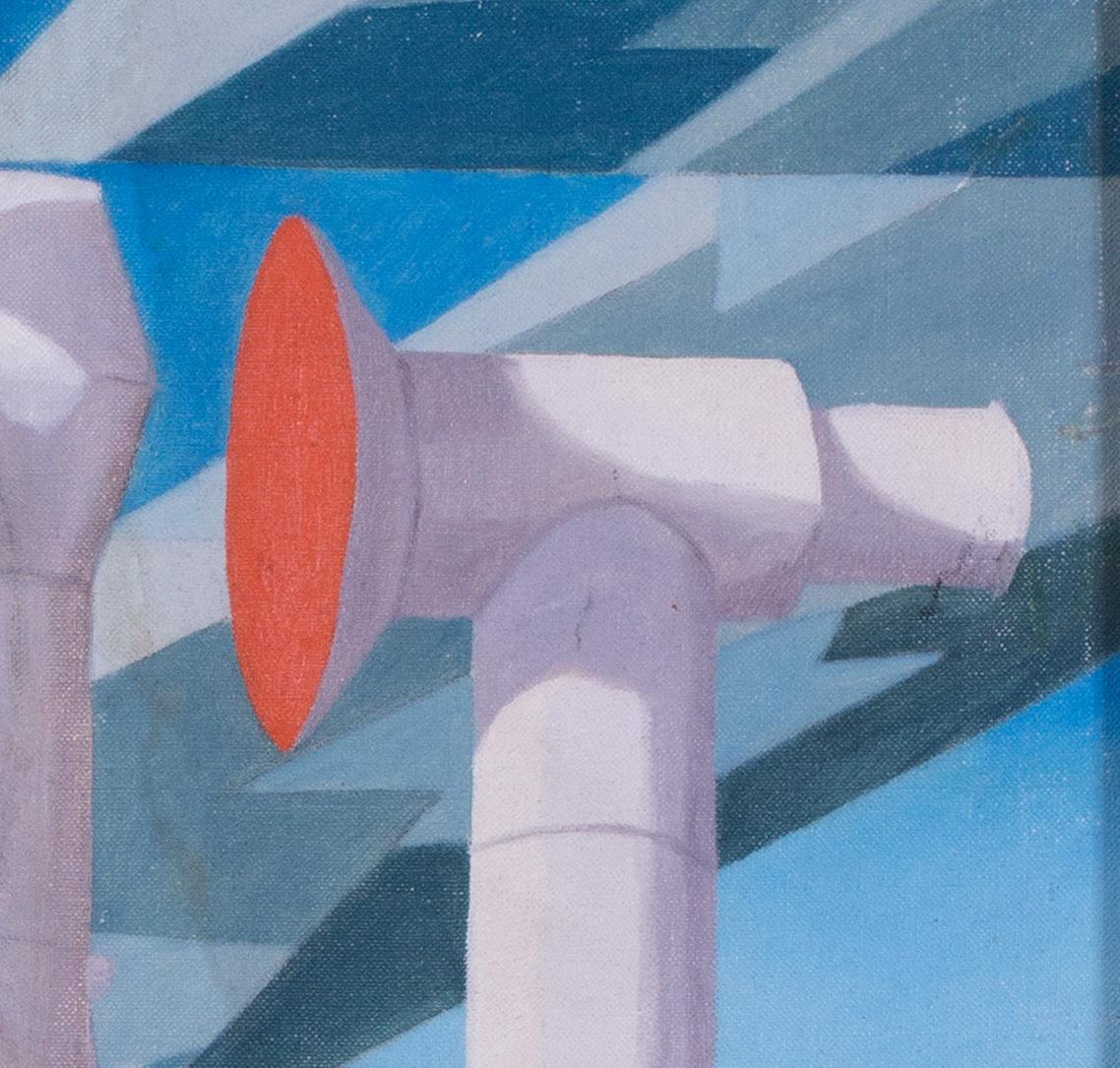 Pintura al óleo de los años 20 / 30 de las chimeneas a bordo de la cubierta superior de un transatlántico - Painting Art Decó de Charles Sheeler