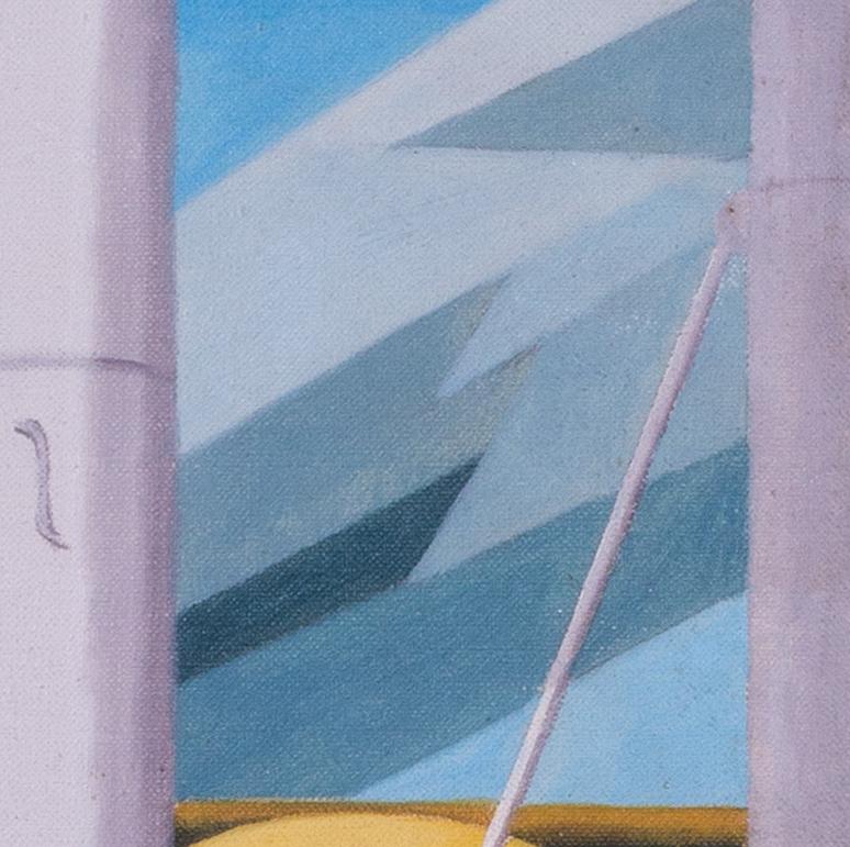 Llamativo óleo de la década de 1930 sobre chimeneas de vapor en la cubierta superior de un transatlántico de estilo art déco.  Aunque no está firmada, esta obra es sin duda obra de una mano con talento y el lienzo tiene edad, es muy del estilo de
