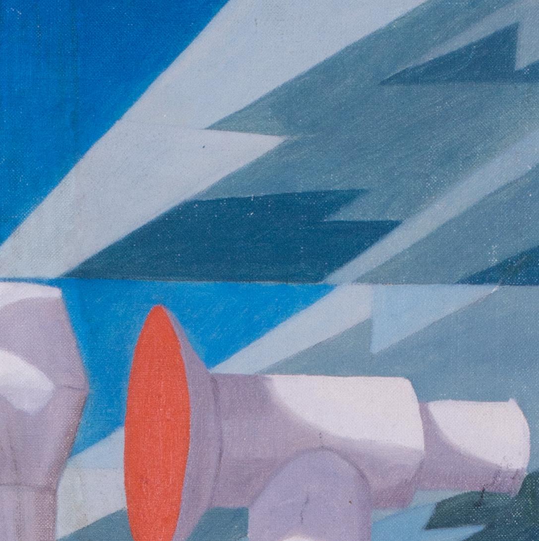 Pintura al óleo de los años 20 / 30 de las chimeneas a bordo de la cubierta superior de un transatlántico 1