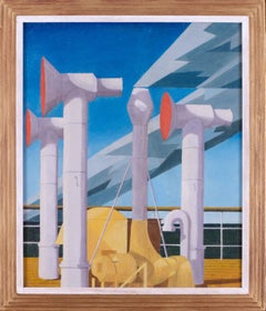 1920's / 1930's oil painting of funnels on board the top deck of an ocean liner
