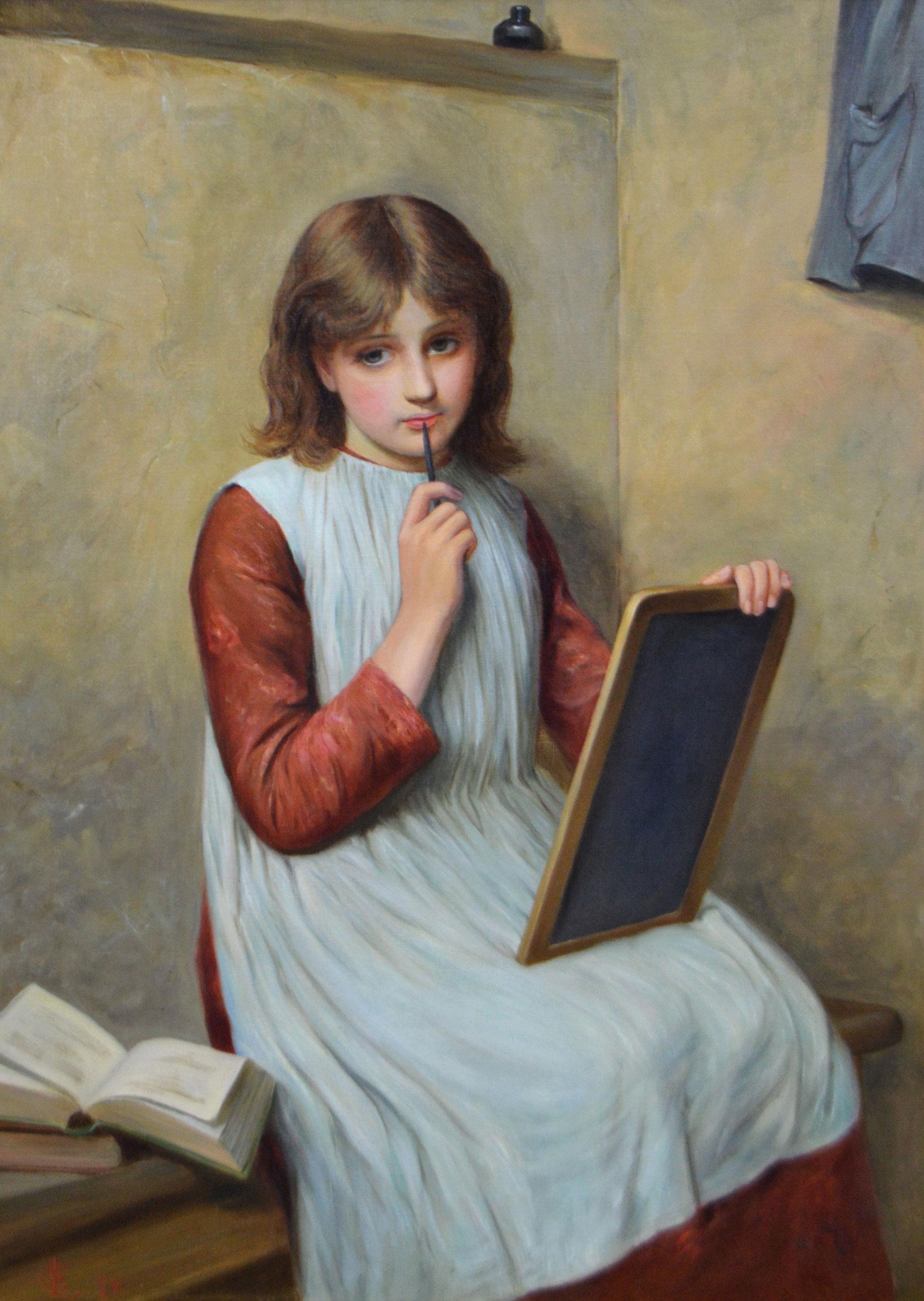 19th Century genre portrait oil painting of a girl with a writing slate - Painting by Charles Sillem Lidderdale 