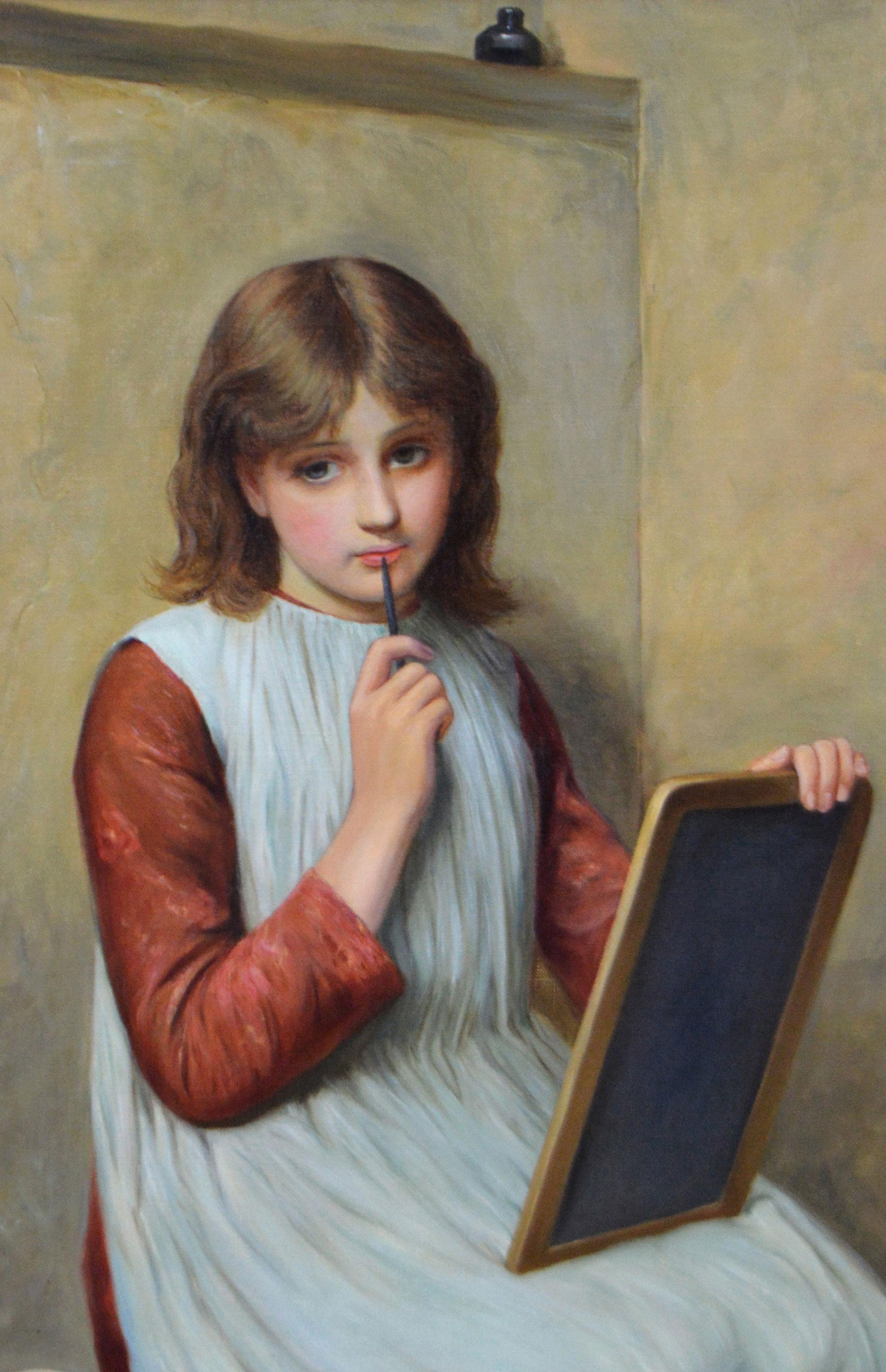19th Century genre portrait oil painting of a girl with a writing slate - Victorian Painting by Charles Sillem Lidderdale 