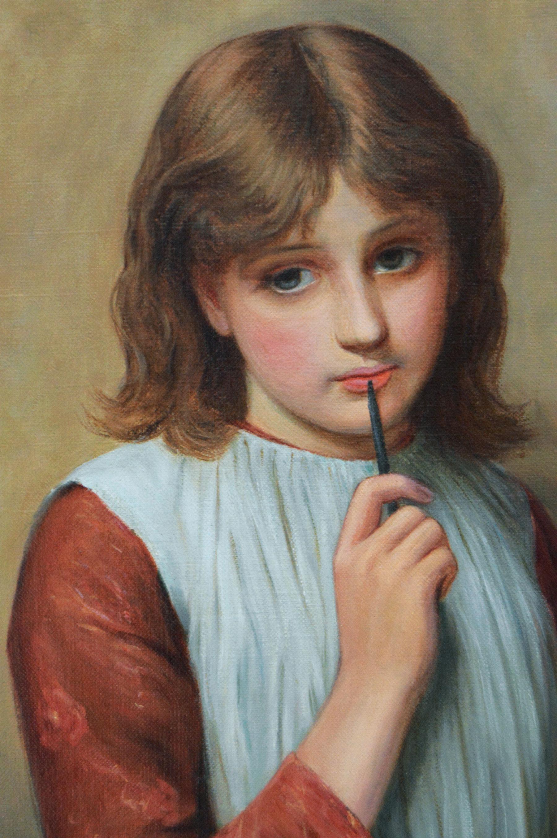 19th Century genre portrait oil painting of a girl with a writing slate - Brown Portrait Painting by Charles Sillem Lidderdale 