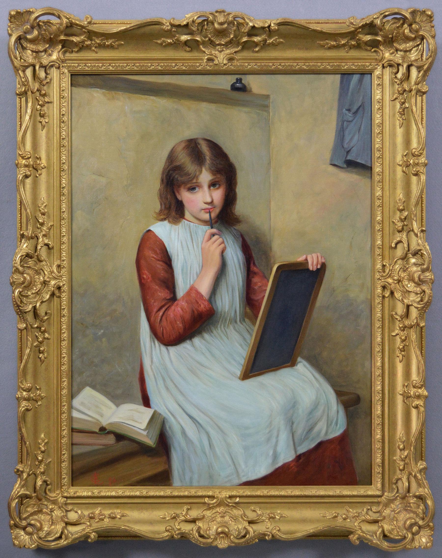 19th Century genre portrait oil painting of a girl with a writing slate