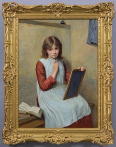 19th Century genre portrait oil painting of a girl with a writing slate