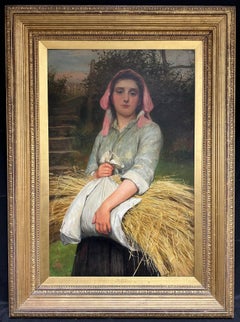 Antique Huge Victorian Oil Painting by Famous Artist Portrait Country Girl in Harvest