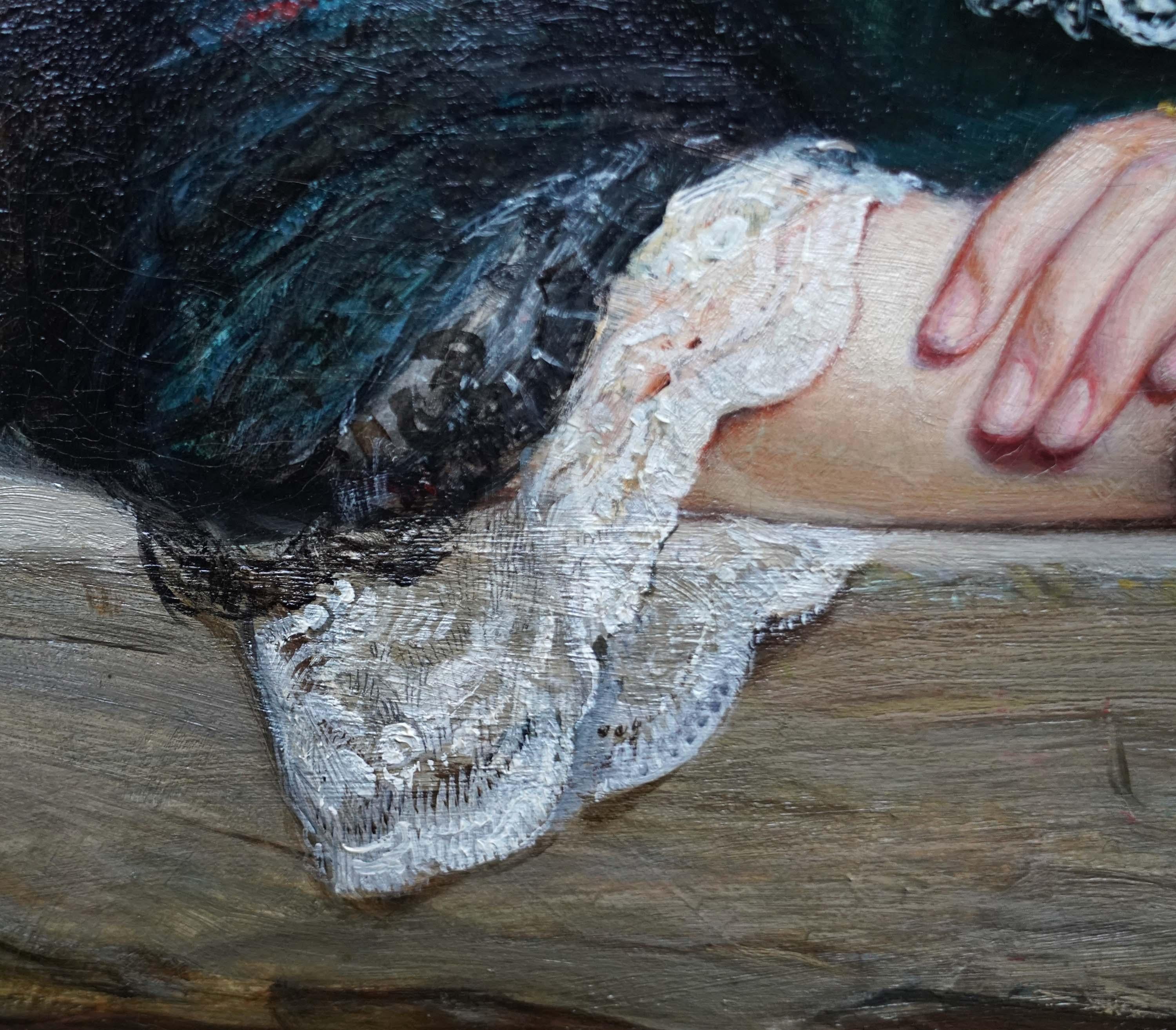 Pensieri pensosi - Un ritratto - Pittura ad olio britannica del 1872 di arte vittoriana in vendita 3