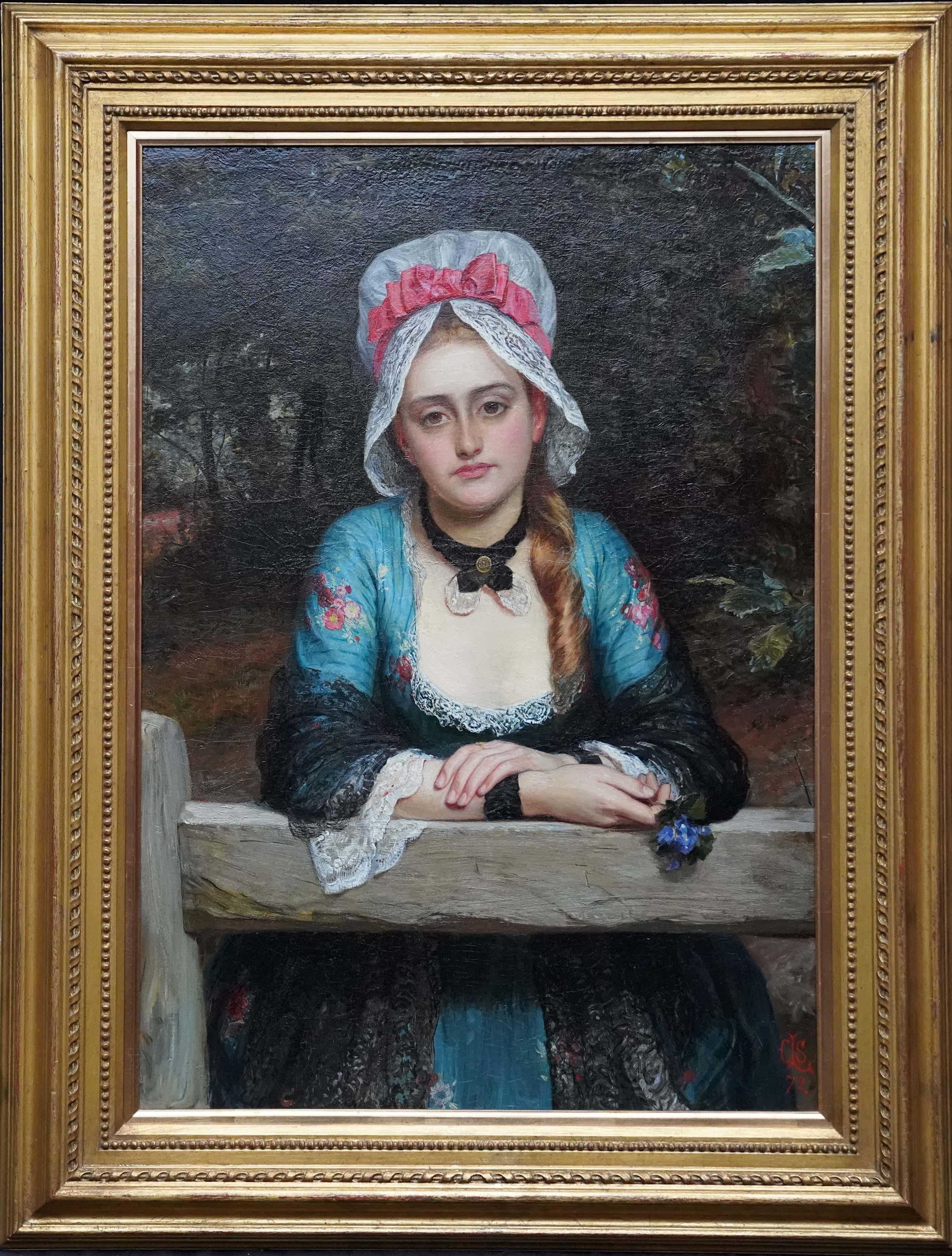 Portrait Painting di Charles Sillem Lidderdale  - Pensieri pensosi - Un ritratto - Pittura ad olio britannica del 1872 di arte vittoriana